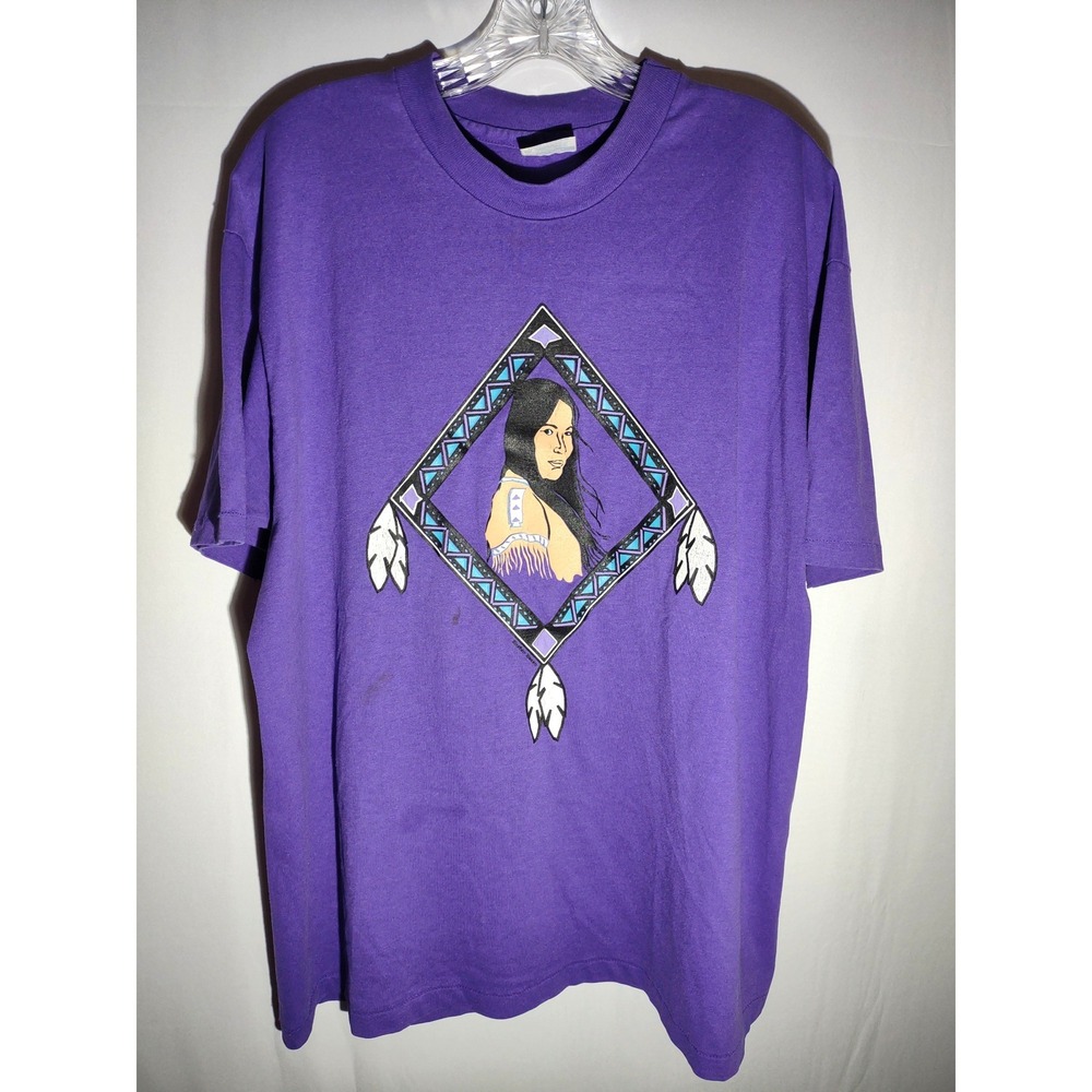 Vintage Hanes Graphic T Shirt Purple Native American Woman Feathers Print XL